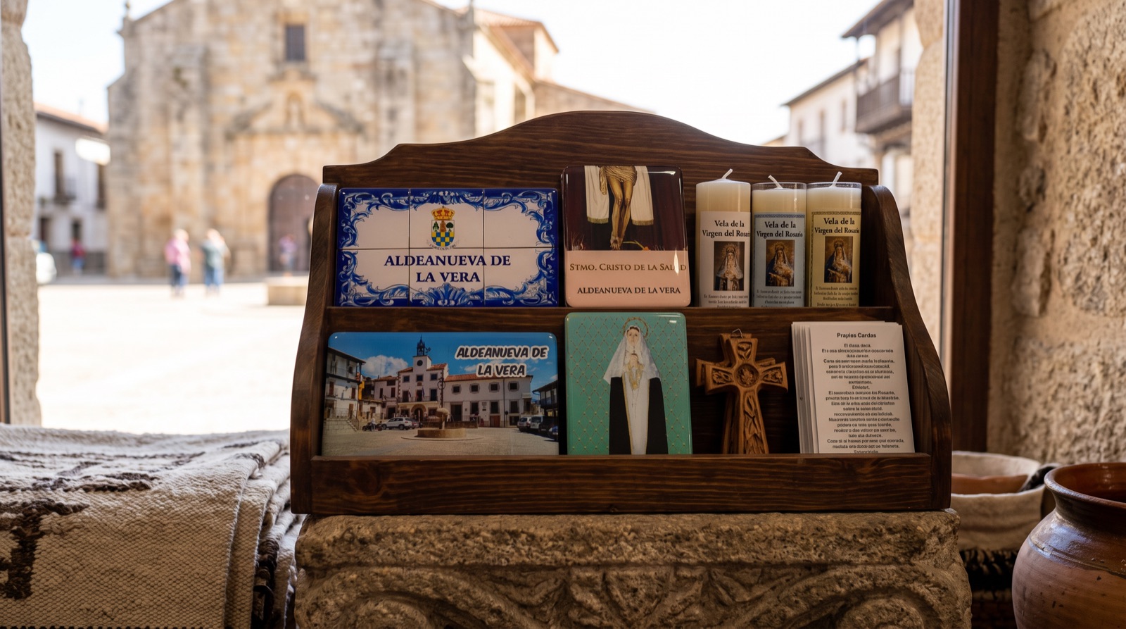 Expositor de souvenirs religiosos personalizados: azulejos de Aldeanueva de la Vera, velas y cruces junto a la iglesia